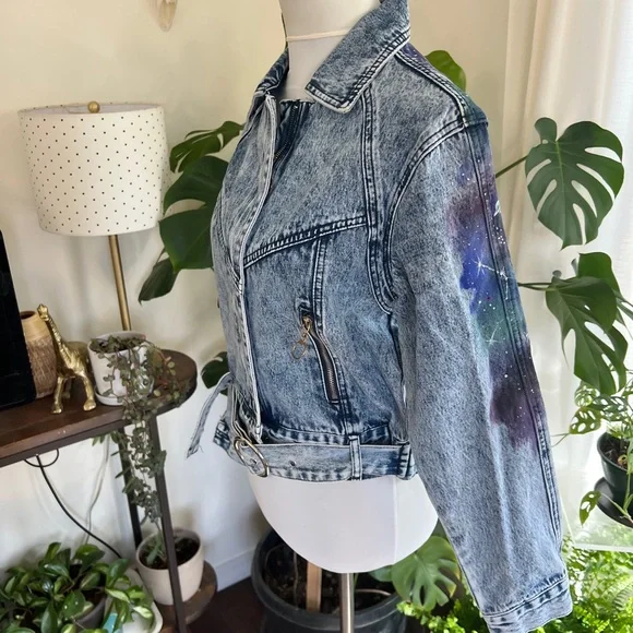 Galaxy Hand Painted Vintage Retro Denim Jean Jacket S/M - Picture 11 of 13